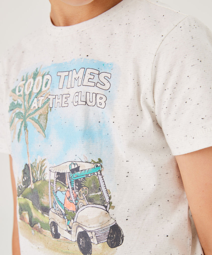 Details:  This short sleeve t-shirt in speckled white features a round neckline and a "good times" print on the front. The perfect addition to any casual outfit, this t-shirt offers comfort and style with a touch of personality. Get ready to make some great memories in this off-white speckled t-shirt.   Color:  Off white  Composition:  95% Cotton, 5% Polyester  