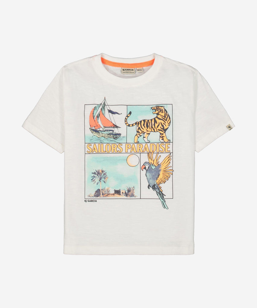 <strong data-mce-fragment="1">Details:</strong>&nbsp; Experience paradise with this off-white t-shirt featuring a bold sailor's paradise print on the front. The short sleeve design and round neckline provide both comfort and style. Perfect for your next adventure on the high seas.&nbsp;<br><strong>Color:</strong> &nbsp;White&nbsp;<br><strong data-mce-fragment="1">Composition:</strong>&nbsp; 100% Cotton &nbsp;