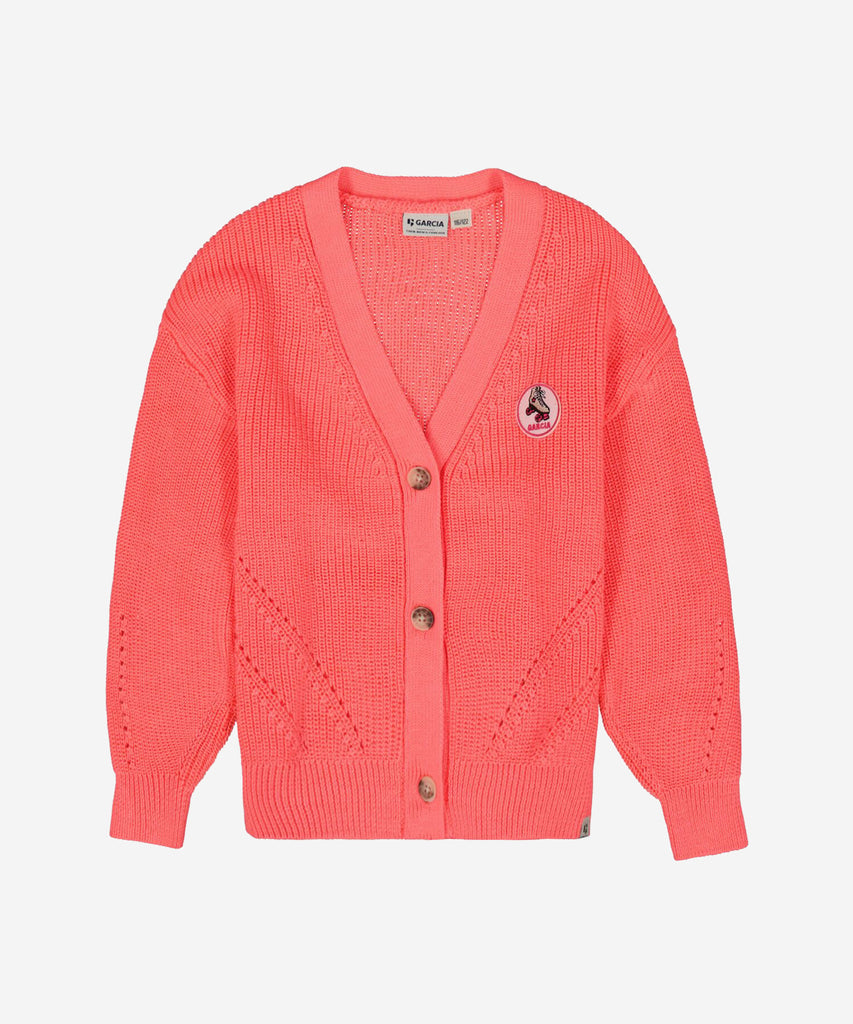 Details:  Introducing our Knit Rib Cardigan in Shocking Pink. This cardigan features a beautiful knitted ribbed design and a button closure, providing both style and functionality. The striking shocking pink color adds a touch of boldness to any outfit. Elevate your wardrobe with this must-have piece.  Color: Shocking pink  Composition:  65% Polyester, 35% Cotton   