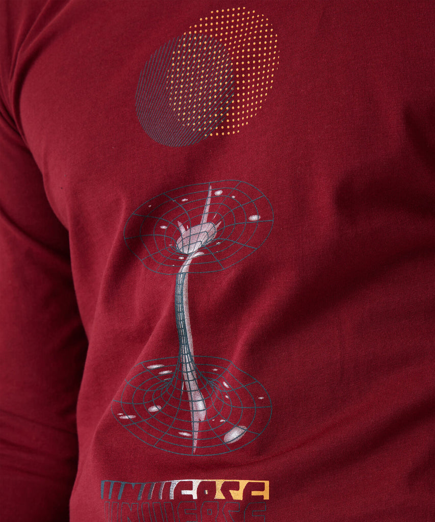 Details: Ideal for teen boys, the long sleeve t-shirt features a unique universe print on its front for a fun look. The long-sleeved shirt also features a round neckline for maximum comfort. Get ready for the universe!  Color: Ruby red  Composition: 100% Cotton 