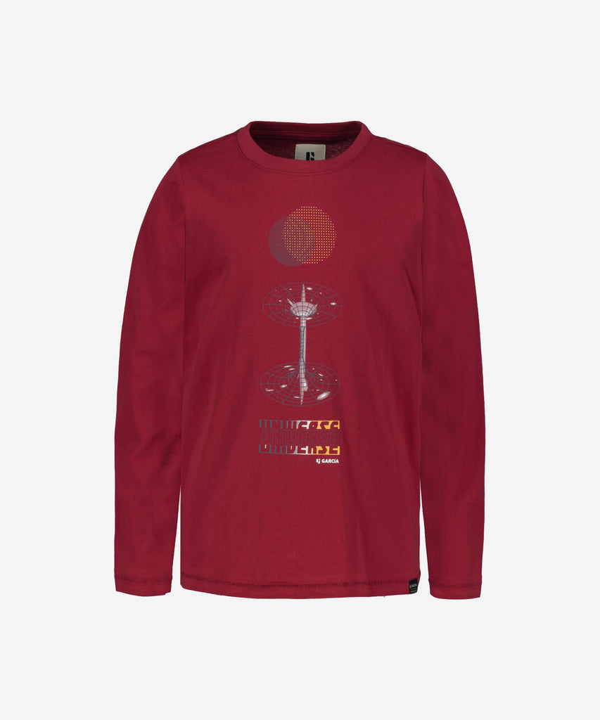 Details: Ideal for teen boys, the long sleeve t-shirt features a unique universe print on its front for a fun look. The long-sleeved shirt also features a round neckline for maximum comfort. Get ready for the universe!  Color: Ruby red  Composition: 100% Cotton 