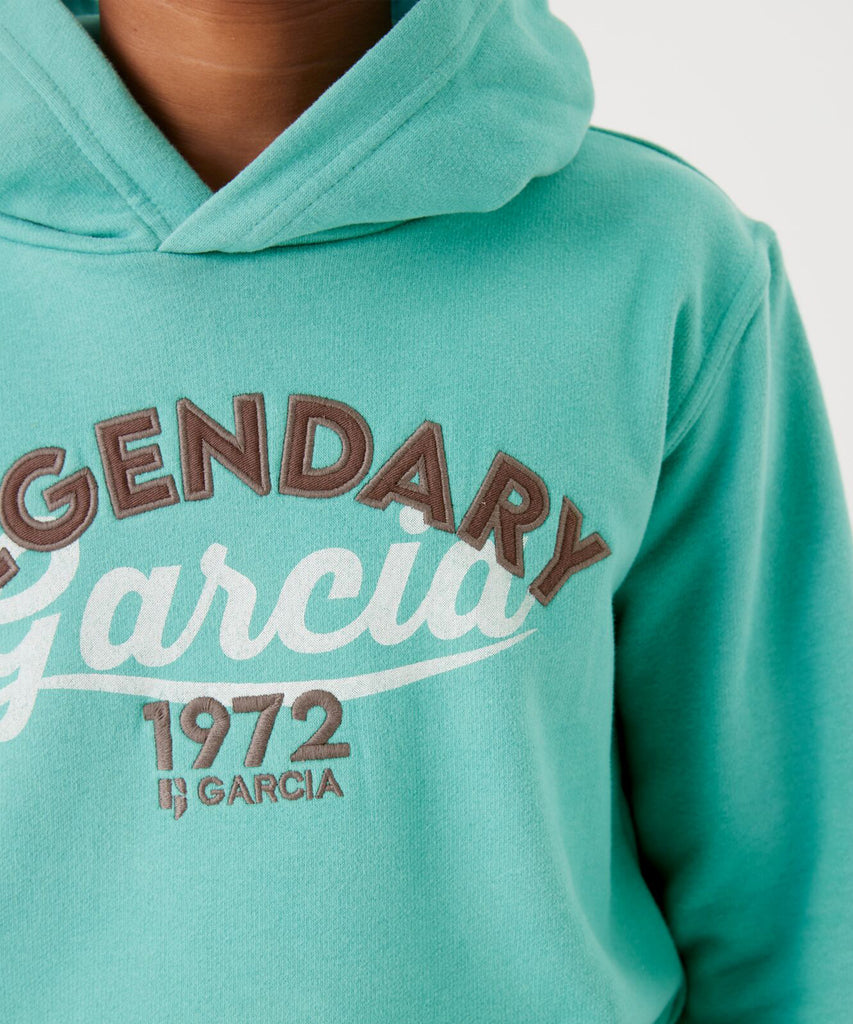 Details:  Stay cozy and stylish with our Legendary Sea Green Hoodie. Made with a kangaroo pouch for convenience and ribbed arm cuffs and waistband for a comfortable fit. The legendary print on the front adds a touch of uniqueness to this classic hooded sweater.  Color: Sea green   Composition:  80% Cotton, 20% Polyester  
