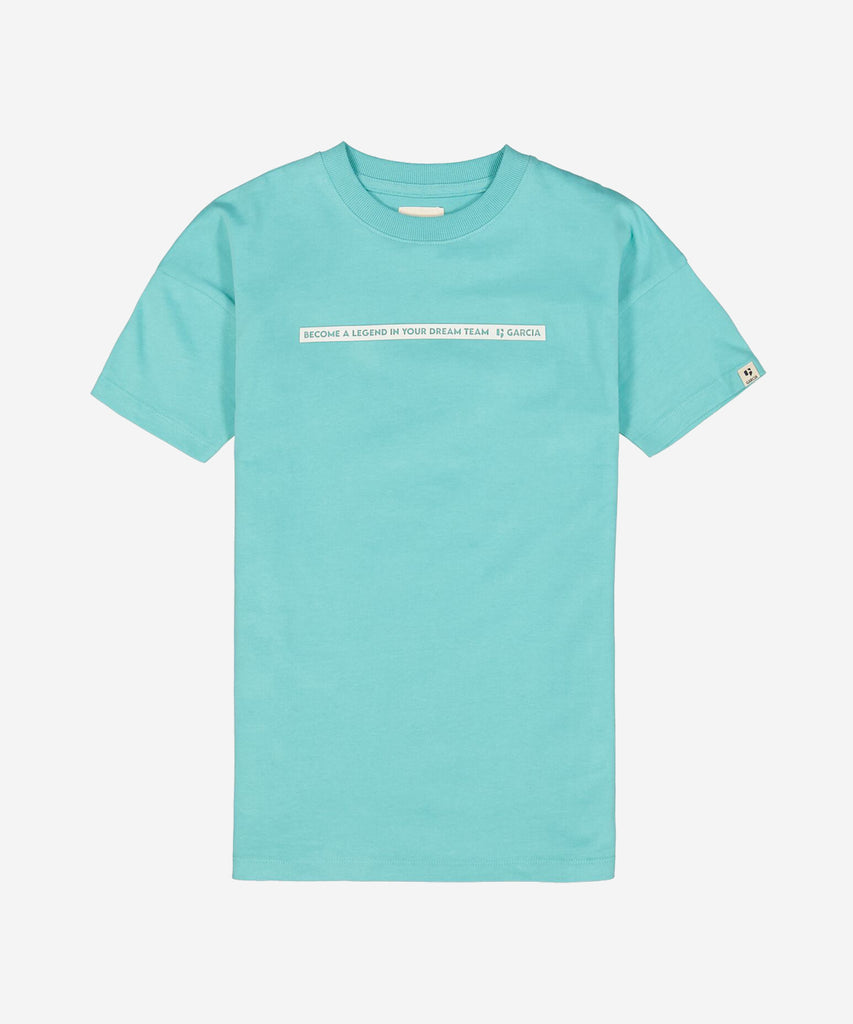 Details:  Elevate your style with our T-Shirt Dream Team in a refreshing sea green color. Perfect for any day, this short sleeve t-shirt has a round neckline and features the inspiring text "Become a Legend to your Dream Team" on the front. Make a statement and join the winning team now!  Color:  Sea green  Composition: 100% Cotton 