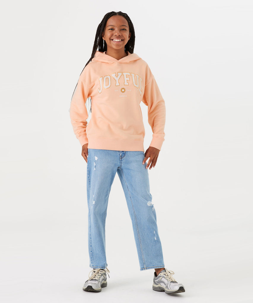 Details: ﻿ This hooded sweater in peach features a joyful print on the front, creating a playful yet stylish look. The ribbed arm cuffs and waistband provide a comfortable fit. Perfect for adding a touch of happiness to your daily wardrobe.  Color: Peach bloom  Composition:  80% Cotton, 20% Polyester   