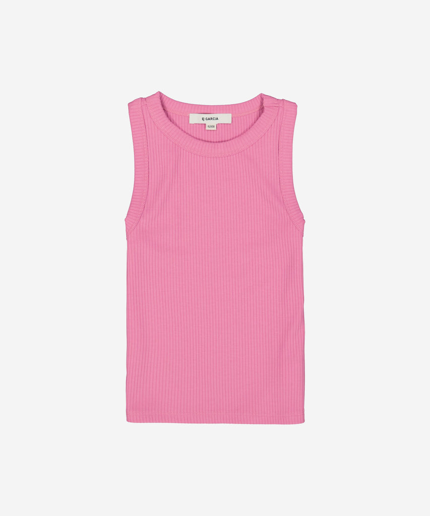 <strong data-mce-fragment="1">Details: </strong>This ribbed tank top in Taffy Pink features a round neckline, adding a touch of delicacy and femininity to your wardrobe. The ribbed texture provides a flattering fit and comfortable wear. Perfect for a casual yet elegant look.&nbsp;<strong data-mce-fragment="1"><br>Color:</strong> Taffy pink&nbsp;<br><strong data-mce-fragment="1">Composition:</strong>&nbsp; 65% Polyester, 25% Viscose, 10% Elasthan &nbsp;