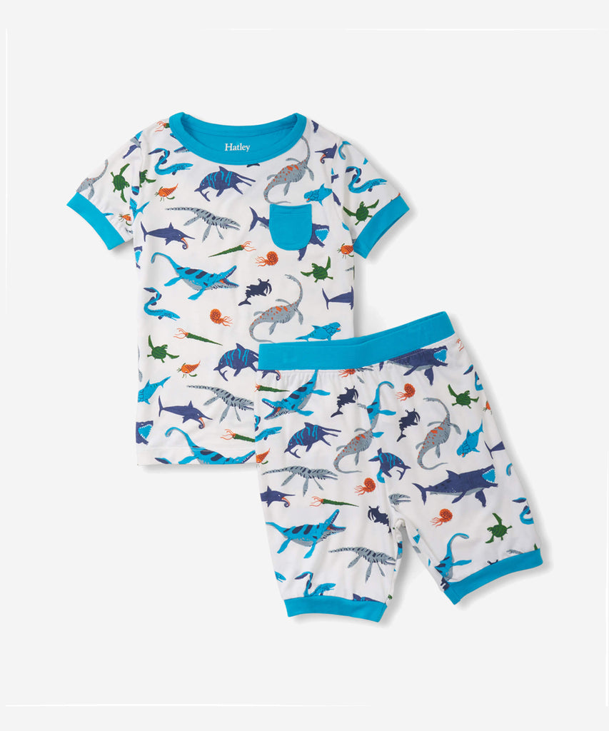 Details: Thanks to these silky soft bamboo pajamas, bedtime will be their new favourite time of day! Your little one will love the prehistoric marine all over print and stretchy elastic waistband that will keep their sleeping comfortably all night long.  Color: Blue white  Composition:  95% Viscose From Bamboo / 5% Spandex  cotton. 