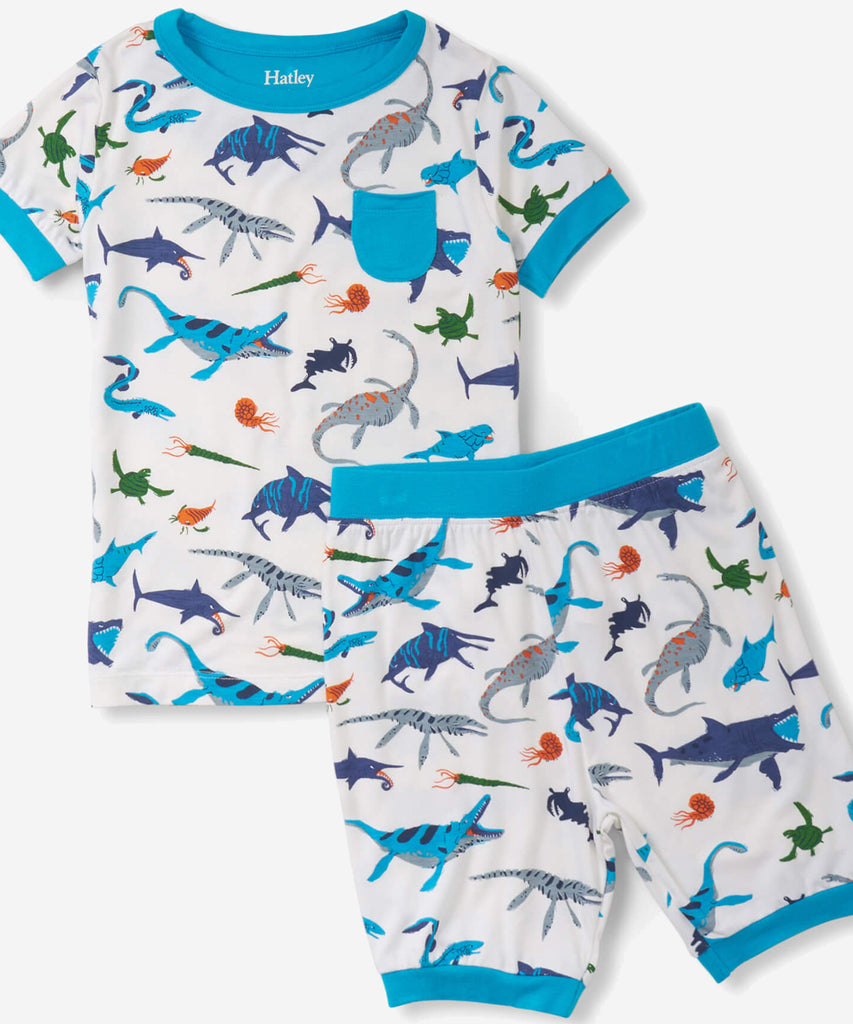 Details: Thanks to these silky soft bamboo pajamas, bedtime will be their new favourite time of day! Your little one will love the prehistoric marine all over print and stretchy elastic waistband that will keep their sleeping comfortably all night long.  Color: Blue white  Composition:  95% Viscose From Bamboo / 5% Spandex  cotton. 