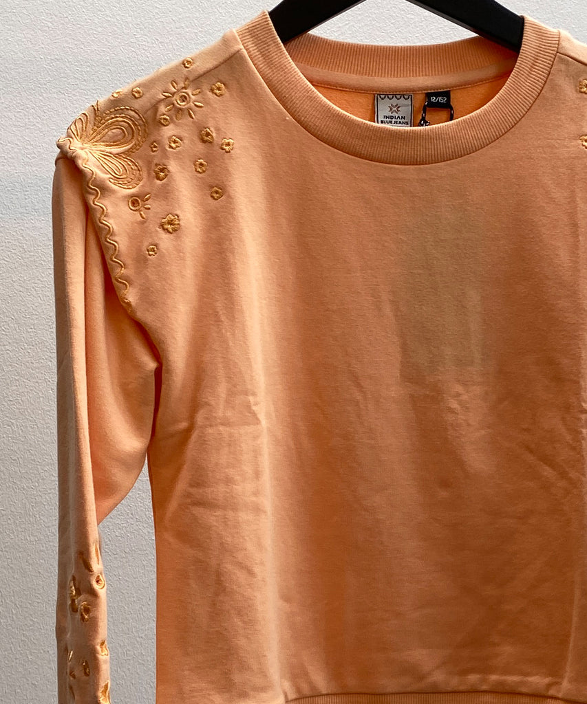 Details:﻿ Stay stylish with our Sweater in fresh peach. This sweatshirt features delicate broderies in a fresh peach color, complimented by ribbed arm cuffs and waistband for a comfortable fit. Perfect for any occasion, add this versatile piece to your wardrobe for a touch of elegance.  Color: Fresh peach  Composition:  Summer 2024  