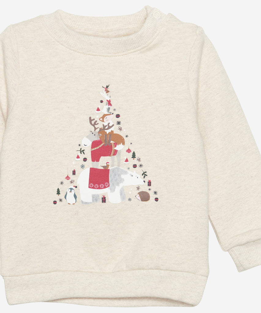 Details: This baby sweatshirt is designed with a round neckline for comfortable wear and is decorated with an animal Christmas tree print for a festive look. Crafted from beige melee material, it is soft and breathable, perfect for playing and napping.  Color: Beige melee  Composition:  Brushed Sweat 90% Cotton/ 5% Polyester/ 5% Elastane  