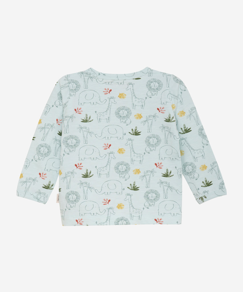 Details: This baby long sleeve t-shirt features a misty blue all-over print of adorable animals. The round neckline adds comfort and the 2-button front allows for easy dressing. Made with high-quality material, it's perfect for keeping your little one cozy and stylish.   Color: Misty blue  Composition:  Organic Singlejersey-slub yarn 95% Cotton/ 5% Elastane  