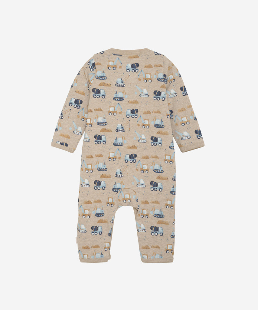 Details: This Beige Melee Baby Suit features a fun all over print of trucks, perfect for any little one who loves vehicles. With long sleeves and a round neckline, this jumpsuit will keep your baby warm and comfy. The push buttons make dressing and changing easy.  Color: Beige melee  Composition: Single Jersey 90% Cotton/ 5% Polyester/ 5% Elastane 