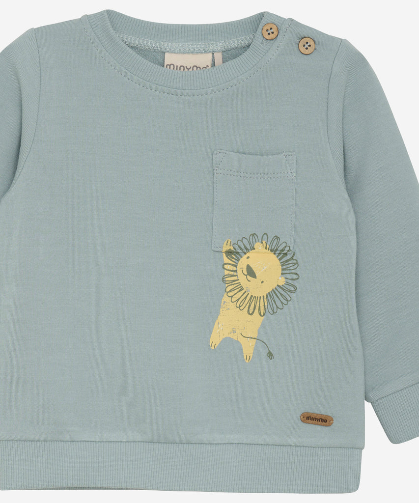 Details:  This specialized baby sweatshirt features a convenient pocket and a charming lion print, perfect for keeping your little one warm and stylish. With ribbed arm cuffs and waistband, a round neckline, and 2 side buttons for easy dressing, this sweatshirt is both functional and adorable.   Color: Abyss   Composition:  Bamboo French Terry 65% Viscose 30% Cotton 5% Elastane  