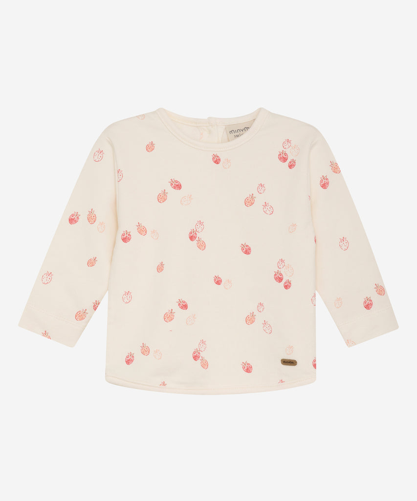 Details:  Expertly crafted for maximum comfort, this baby sweatshirt features a charming all-over print of strawberries. The round neckline and convenient buttons on the back make dressing a breeze. Perfect for adding a playful touch to any outfit. Made with love and care for your little one.  Color: Eggnog  Composition:  Bamboo French Terry 65% Viscose 30% Cotton 5% Elastane  