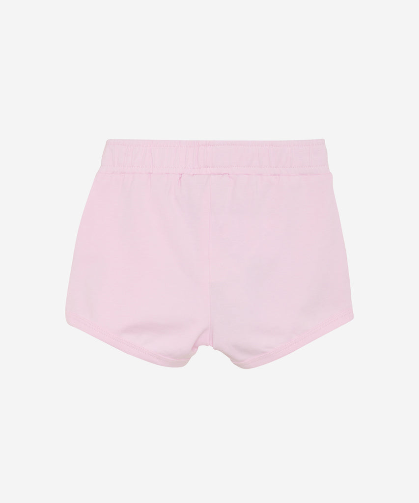Details: These baby sweat shorts are both stylish and functional. Designed in a trendy pink color, they feature convenient pockets and an elastic waistband for easy wear. Perfect for active little ones on the go.  Color: Pink Tulle  Composition:  Organic Single Jersey 95% Cotton/ 5% Elastane  