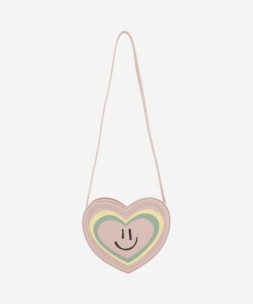 Details: Petal blush heart shaped cross body bag with zipper closure and smiley print.  Color: Petal blush  Composition:  100% Polyurethane 