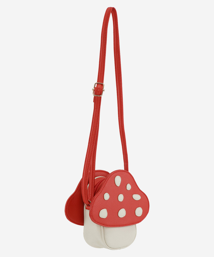 Details: Mushroom shaped cross body bag, Handbag with zip closure.  Color: Fungi red  Composition:  100% Polyurethane 