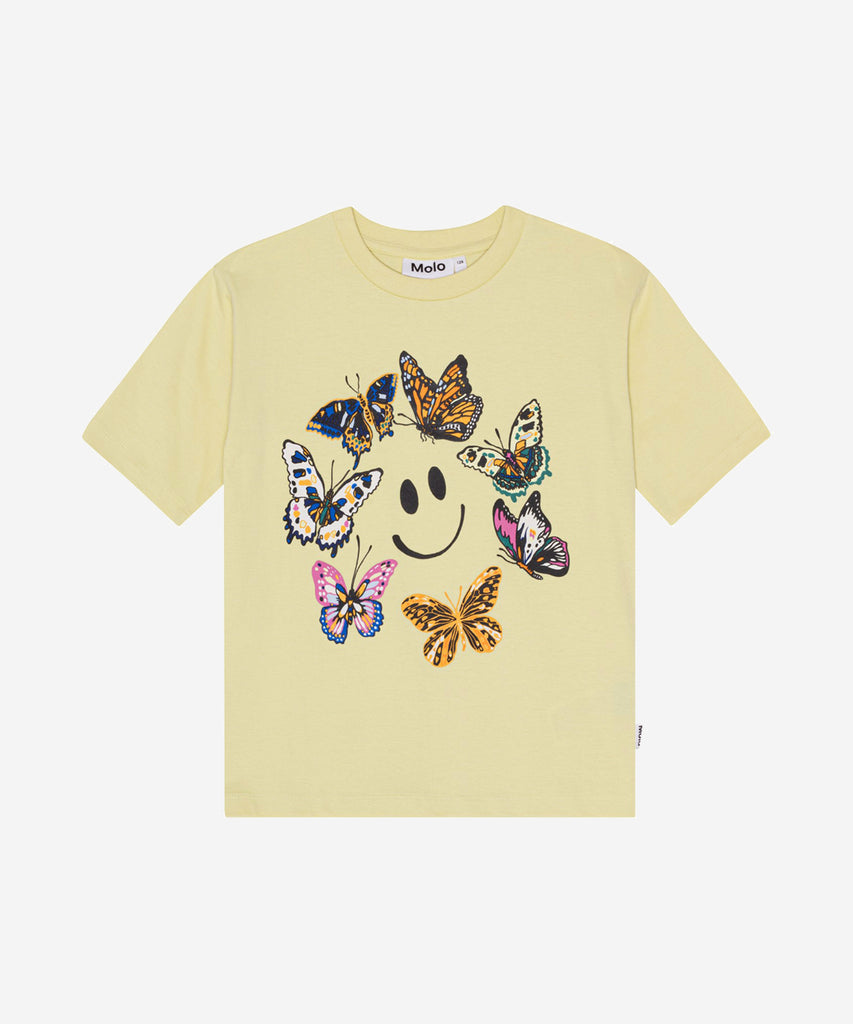 Details:  Bring some joy to your wardrobe with this Reen T-Shirt! Its cheerful butterfly print and round neckline will make you feel like you can take on the world. And at the same time, you'll look totally fly!  Colour: Yellow  Composition: 100% Organic cotton 