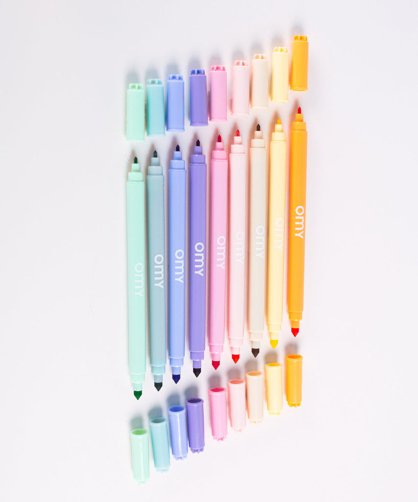 OMY   Assortment of 9 pastel markers. Trendy markers with soft and prominent colors! 9 unreleased colors that spark new nuances through coloring and drawing. Conveniently, the box transforms into an at home crayon holder! Made in Italy  Content 9 ultra washable pastel felt pens Made in Italy and designed in France by OMY