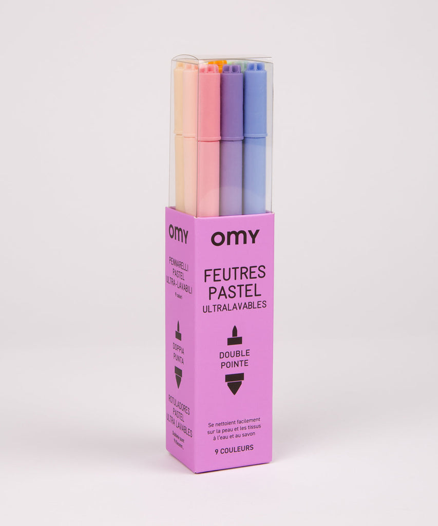 OMY   Assortment of 9 pastel markers. Trendy markers with soft and prominent colors! 9 unreleased colors that spark new nuances through coloring and drawing. Conveniently, the box transforms into an at home crayon holder! Made in Italy  Content 9 ultra washable pastel felt pens Made in Italy and designed in France by OMY