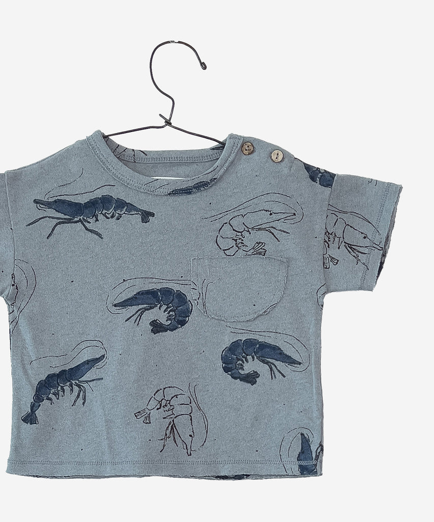 Details:  Expertly crafted with recycled fabrics, this baby pocket t-shirt is perfect for your little one. With short sleeves and a round neckline, it features an all over print of adorable shrimps. The side buttons make dressing a breeze. Your baby will be both comfortable and stylish in this eco-friendly t-shirt.  Colour: Sea blue Composition:  57.0% Recycled Cotton,19.0% Recycled Polyester,19.0% Recycled Flax,5.0% Other Fibers  