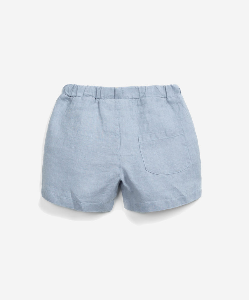 Details: These shorts are made of woven linen, Albufeira colour. The model has an elastic waist, a decorative coconut button, front pockets and a rear pocket.  Colour: Sea blue  Composition:  100.0% Linen 