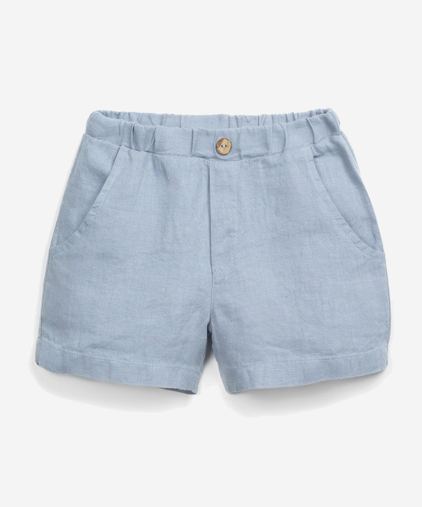 Details: These shorts are made of woven linen, Albufeira colour. The model has an elastic waist, a decorative coconut button, front pockets and a rear pocket.  Colour: Sea blue  Composition:  100.0% Linen 