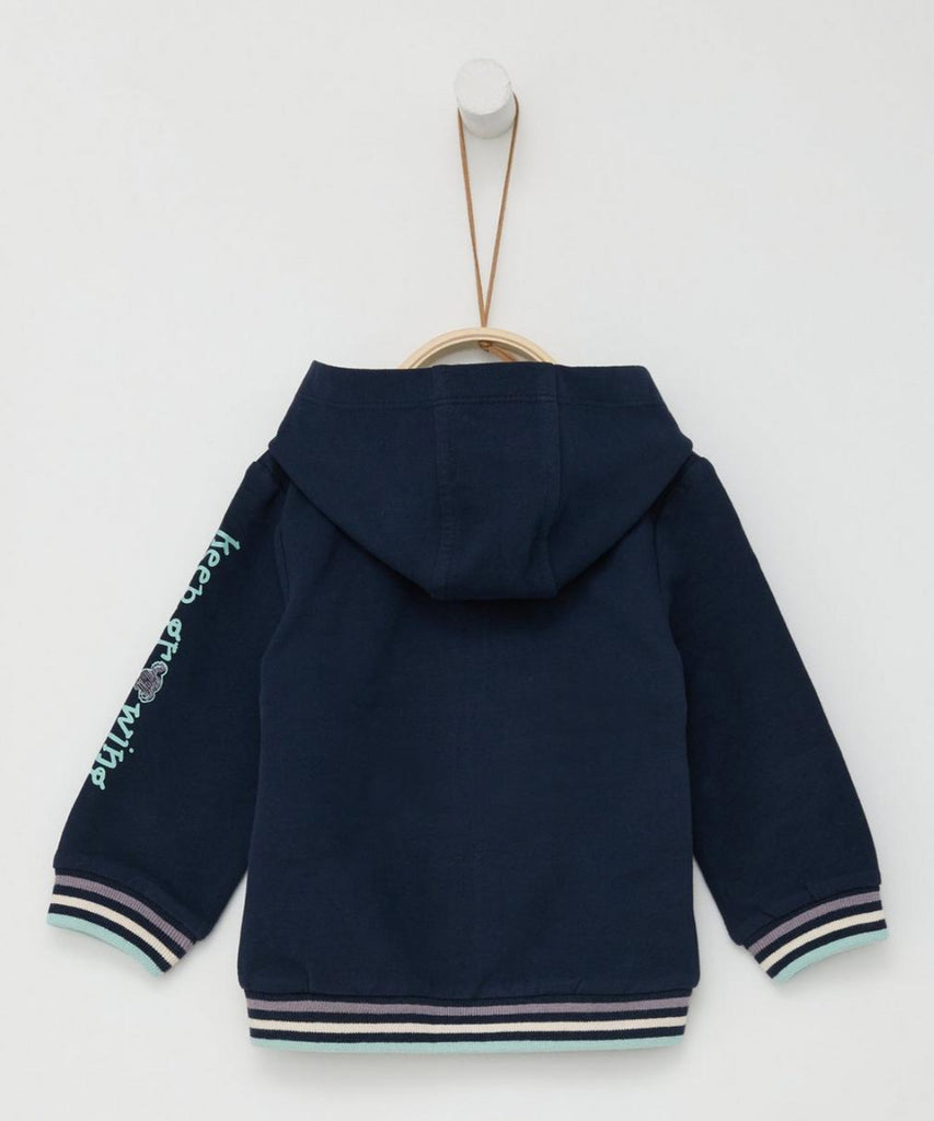 Details:  This adorable baby hooded cardigan in navy blue features ribbed arm cuffs and waistband in contrasting stripes for a comfortable fit. The zip closure makes it easy to put on and take off, perfect for parents on the go.  Color: Navy blue  Composition:   095%CO 005%EL   