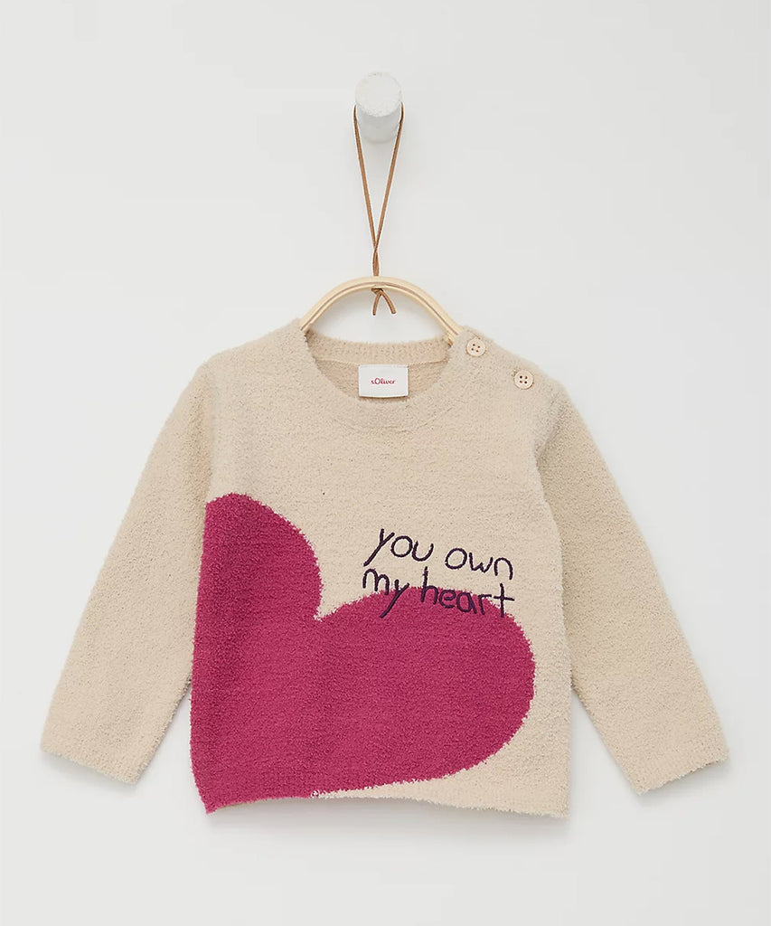 Details: This knitted pullover is perfect for any baby. Crafted from knitted material for a soft and comfortable feel, it features a heart print on the front and the message ‘you own my heart’. This pullover is sure to keep your little one warm and stylish. Round neckline. Pushbuttons on shoulder for easy on and off.    Color: Cream  Composition: '