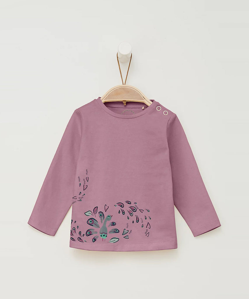 Details: Long sleeve T-Shirt  with peacock print on the front. Round neckline. Pushbuttons on shoulder for easy on and off.   Color: Rose  Composition: CO100%   