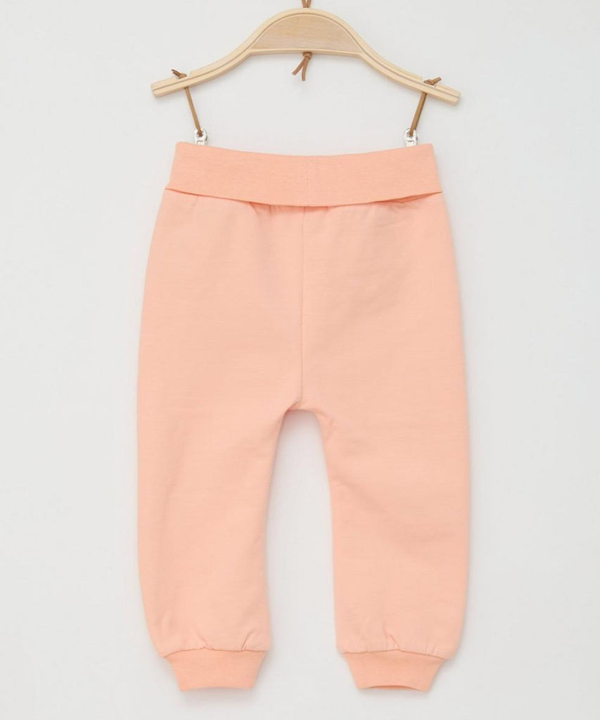 Details:  The Baby Jogg Pants in apricot orange provide both comfort and style for your little one. With an elastic waistband, these pants are perfect for active babies and provide easy dressing and movement. Keep your baby looking cute and feeling comfortable all day long.  Color: Apricot  Composition:  095%CO 005%EL  