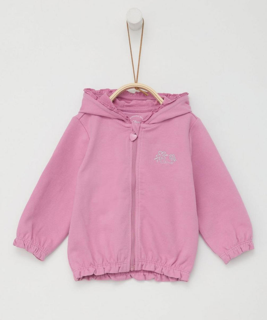 Details:  This adorable baby hooded cardigan in dark rose features elastic arm cuffs and waistband for a comfortable fit. The zip closure makes it easy to put on and take off, perfect for parents on the go.  Color: Dark rose  Composition:   095%CO 005%EL   