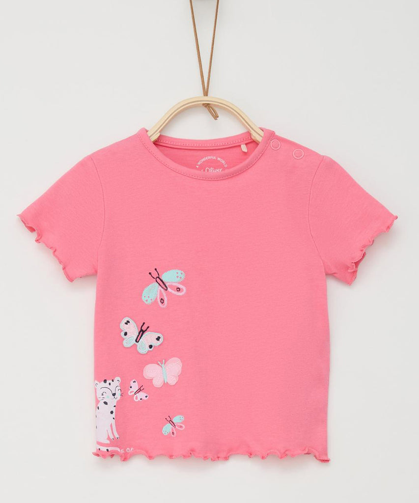 <strong>Details: </strong>This short sleeve baby t-shirt features a Butterflies print, perfect for adding a pop of fun to any outfit. The round neckline and push buttons on the side make for easy dressing, making it practical and stylish for busy parents. Enjoy the convenience and style of this t-shirt!&nbsp;<br><strong></strong><strong>Color:</strong><span> Light coral&nbsp;</span><br><strong>Composition: </strong> 100%CO <strong> </strong><span>&nbsp;</span>