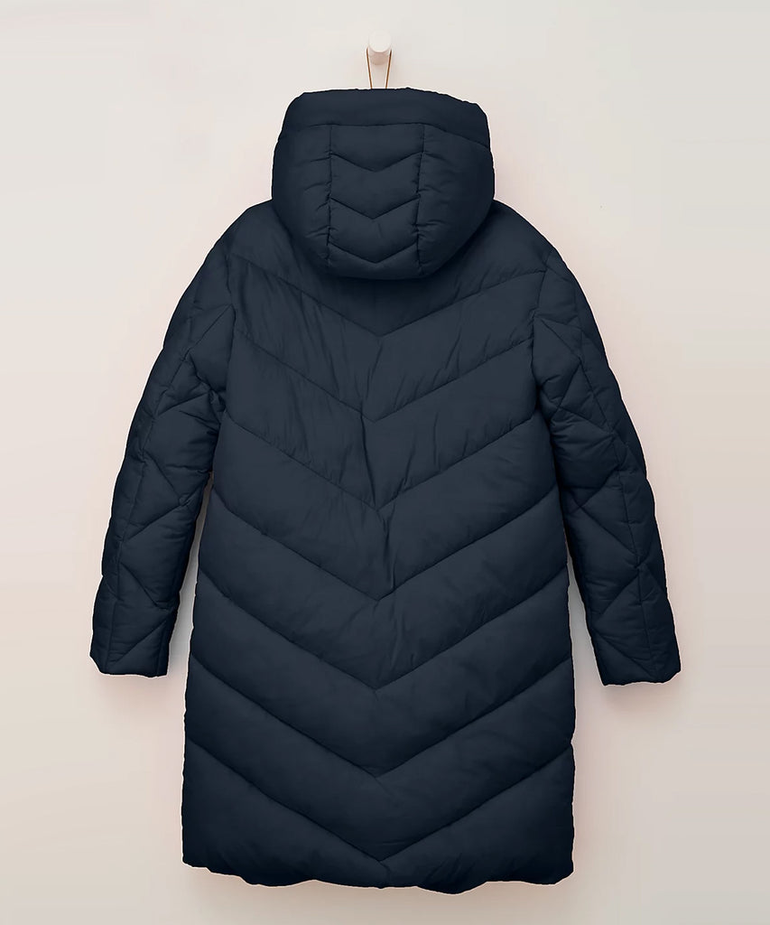 Details:  Hooded long quilted winter coat with zip closure. Two pockets. Water repellent.  Color: Navy  Composition: 100% PES 
