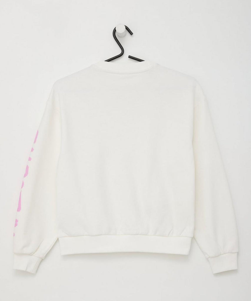 Details:  "Stay comfortable and stylish with our girls' off white sweatshirt featuring a beautiful flower print and the inspiring message 'take your time'. Made with ribbed arm cuffs and waistband for a perfect fit. Show your empathy while looking great. "  Color: White   Composition:  090%CO 010%PES 