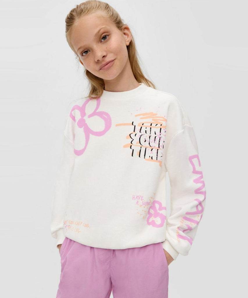 Details:  "Stay comfortable and stylish with our girls' off white sweatshirt featuring a beautiful flower print and the inspiring message 'take your time'. Made with ribbed arm cuffs and waistband for a perfect fit. Show your empathy while looking great. "  Color: White   Composition:  090%CO 010%PES 