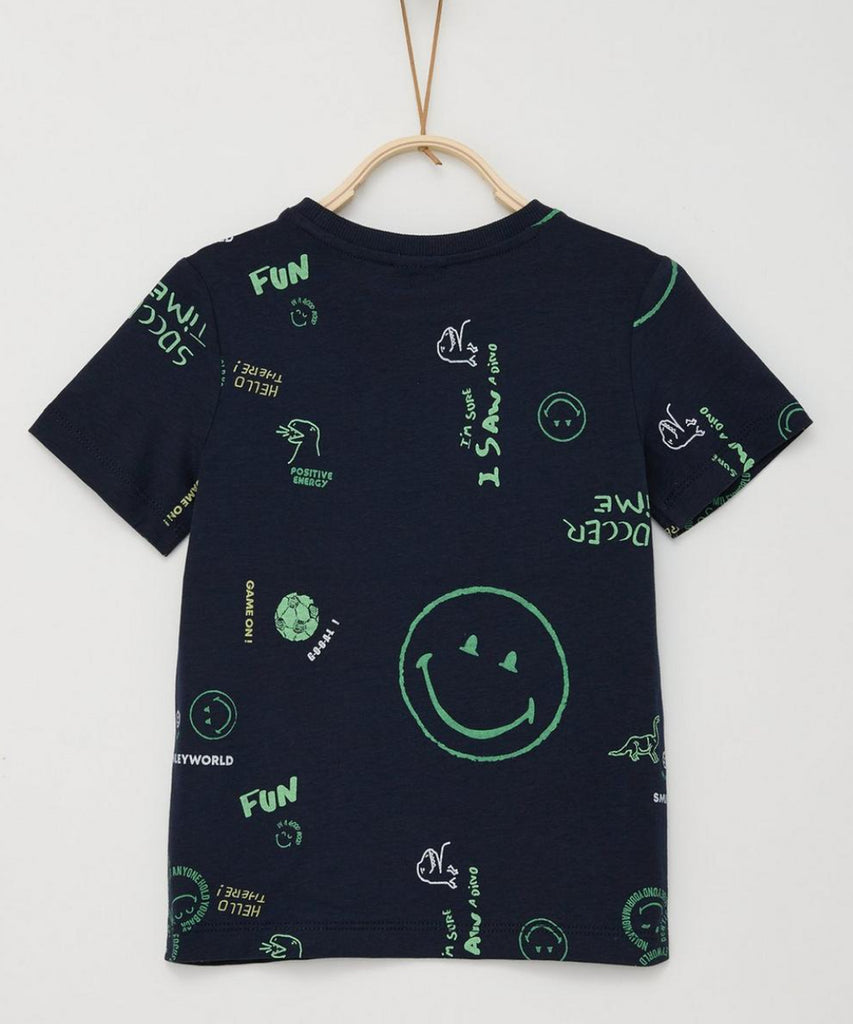 <strong data-mce-fragment="1">Details:&nbsp; </strong>This short sleeve navy blue t-shirt features a round neckline and an all over print of smileys. Stay effortlessly stylish and make a statement with this fun and unique design. Perfect for adding a touch of personality to your wardrobe.&nbsp;<br><strong data-mce-fragment="1"></strong><strong>Color:</strong> Navy blue&nbsp;<br><strong>Composition:</strong> 100%CO &nbsp;