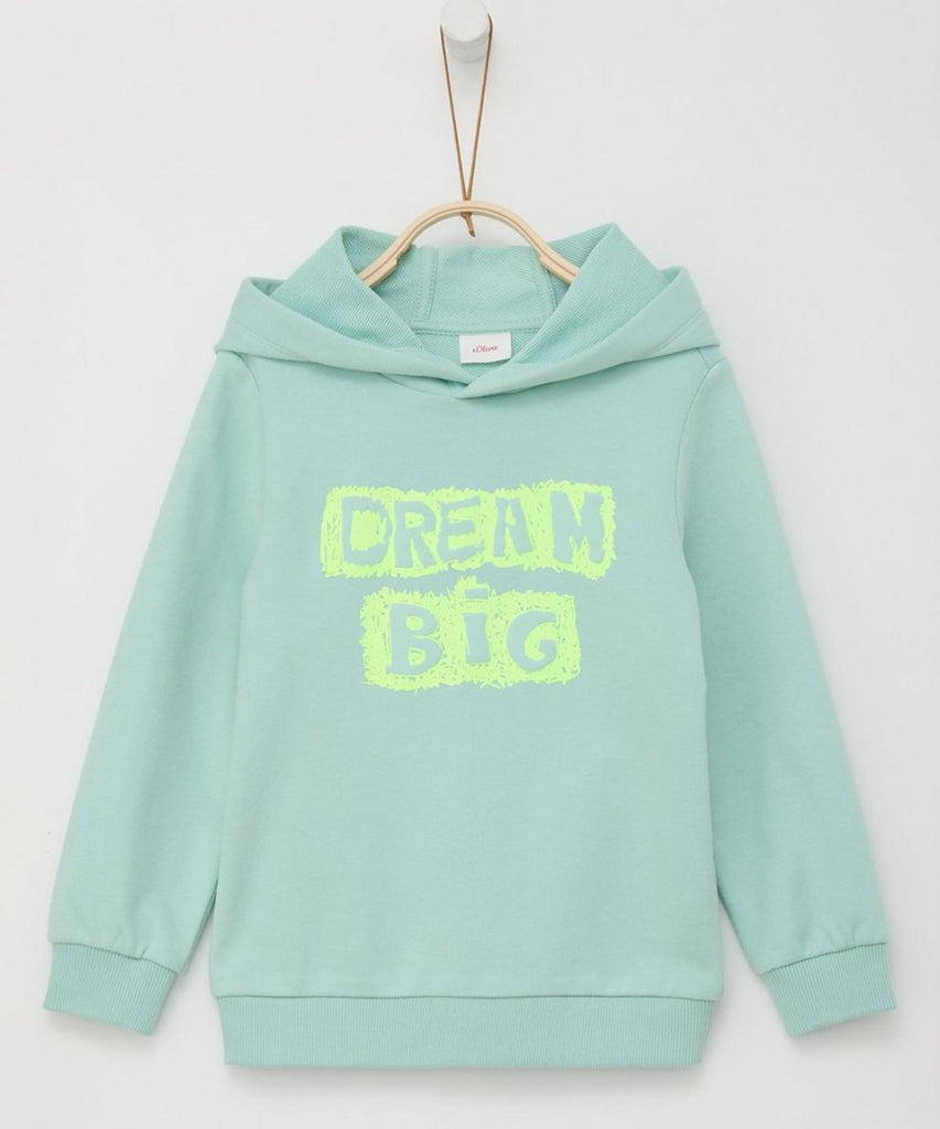 Details:  The Hoodie Dream Big in Mint is the perfect addition to your little boy's wardrobe. The refreshing mint green color, along with the "dream big" print, will inspire and motivate. The ribbed arm cuffs and waistband provide a comfortable and secure fit. Get your child ready to take on the day with this stylish and empowering hoodie.  Color: Mint green  Composition: 090%CO 010%PES 