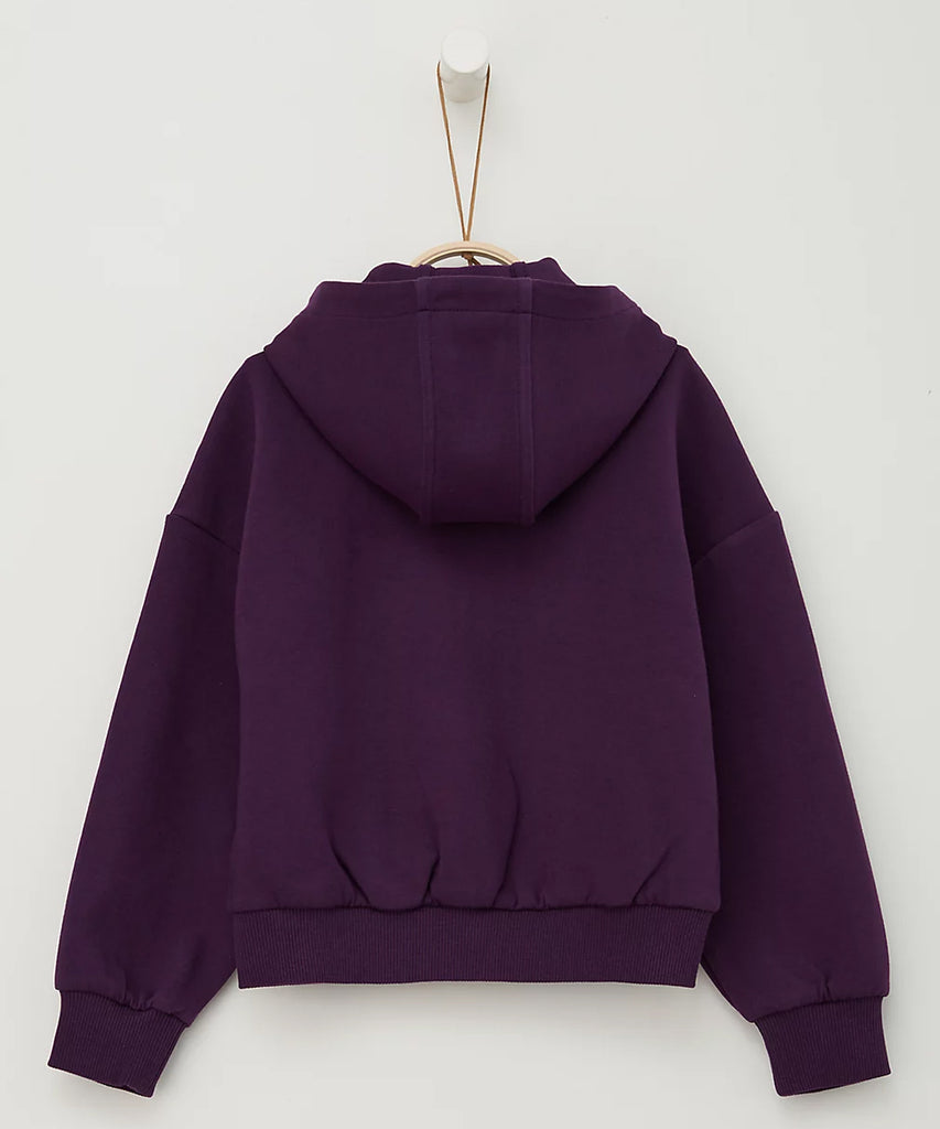 Details:  This stylish and comfortable hooded cardigan is the perfect addition to an everyday wardrobe. Crafted from soft material and designed with a ribbed waistband and arm cuffs, it offers a snug and secure fit. The zip closure and pockets make it practical and functional, ideal for kids and girls of all ages.  Color: Dark purple  Composition: 072%CO 023%PES 005%EL  