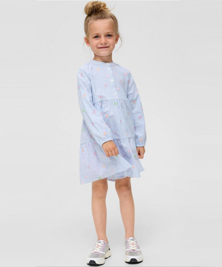 Details: This lovely girls' woven dress features delicate stripes and intricate embroidered flowers in a soft light blue hue. With a button closure on the front, this dress is both stylish and functional. Perfect for any occasion.  Color: Light blue  Composition:  097%CO 003%EL  