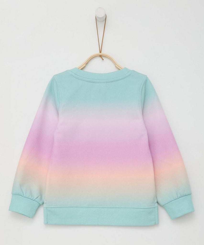 Details:  Expertly showcasing a vibrant rainbow ombre design, this girls sweatshirt offers both style and comfort. The ribbed arm cuffs and waistband provide a secure fit, while the round neckline adds a flattering touch. Perfect for adding a pop of color to any outfit.  Color: Rainbow  Composition: 060%CO 040%PES  