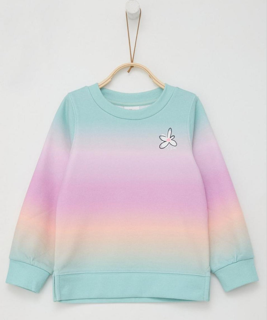 Details:  Expertly showcasing a vibrant rainbow ombre design, this girls sweatshirt offers both style and comfort. The ribbed arm cuffs and waistband provide a secure fit, while the round neckline adds a flattering touch. Perfect for adding a pop of color to any outfit.  Color: Rainbow  Composition: 060%CO 040%PES  