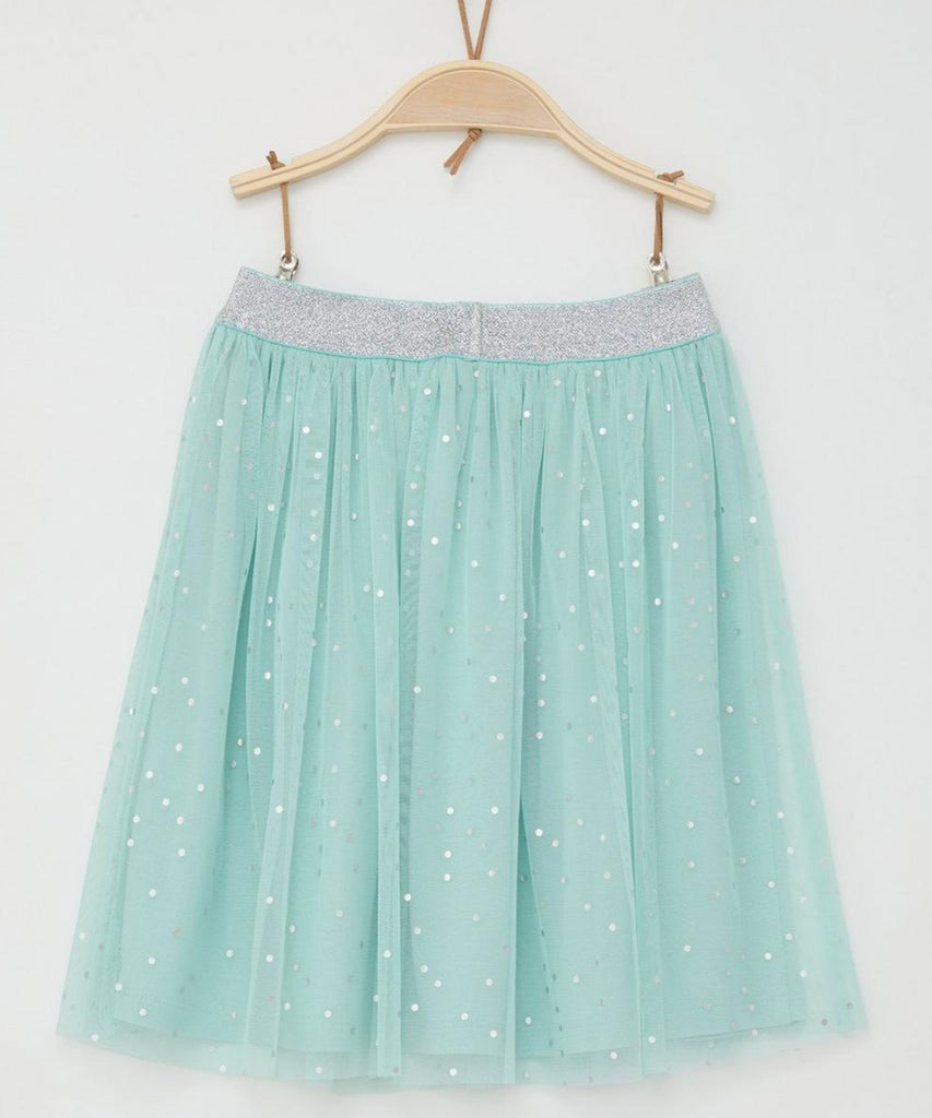 Details: This mint green tulle skirt is perfect for girls who love a touch of glitter in their outfits. The elastic waistband ensures a comfortable fit, making it great for all-day wear. Complete with shimmering dots, this skirt adds a playful and stylish touch to any look. Enhance your child's wardrobe with this must-have piece.  Color: Mint green  Composition:  100%PES 