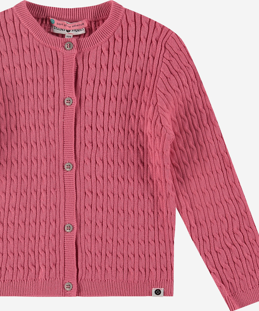 Details: This cable knit cardigan in bubblegum color is a must-have for any fashion-forward individual. Made with a cozy cable knit design, it is both stylish and comfortable. The button closure ensures a secure fit while adding a touch of elegance. Perfect for any occasion, this cardigan is sure to elevate your  wardrobe.  Color: Bubblegum  Composition: 100% cotton  