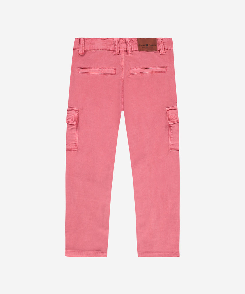 Details: These Cargo Pants in Bubblegum are a must-have addition to your wardrobe. Not only do they feature multiple pockets and belt loops for convenience, but also an adjustable elastic on the inside for a perfect fit. The vibrant bubblegum color will add a playful touch to any outfit.  Color: Bubblegum  Composition: 98% cotton/2% elasthan  