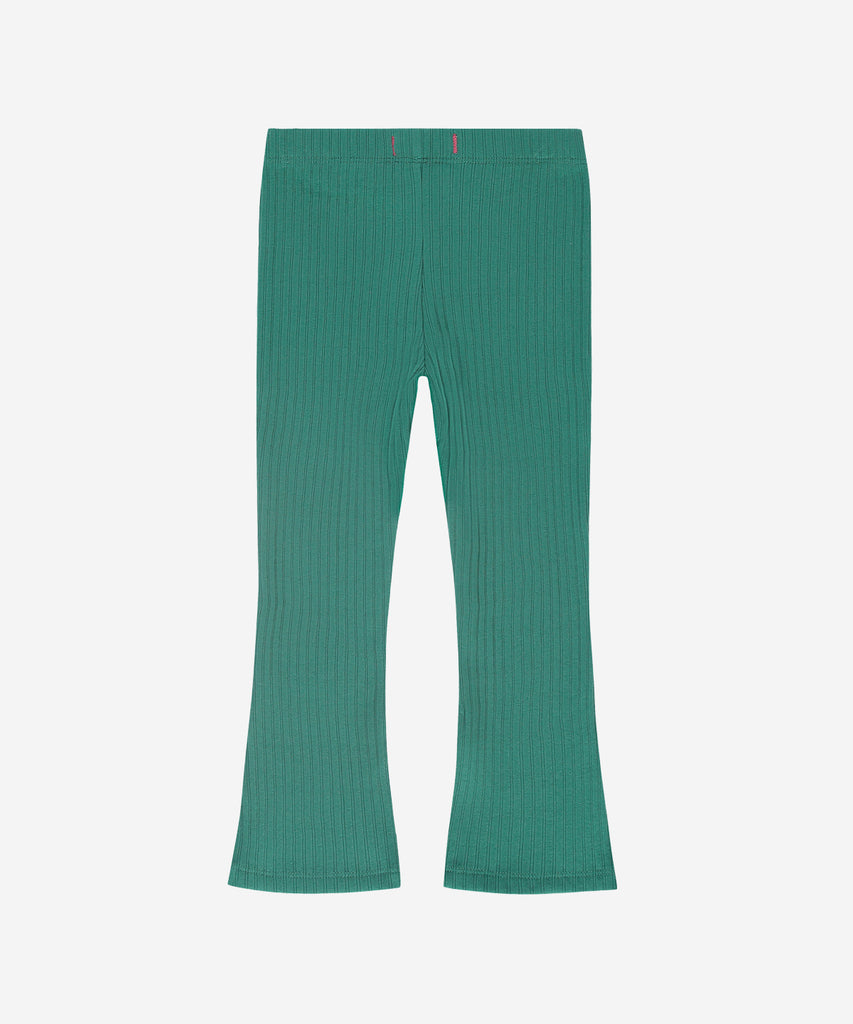 Details: These ribbed flair pants in emerald green feature an elastic waistband for a comfortable and flattering fit. Perfect for adding a pop of color to your wardrobe, these pants are both stylish and functional.  Color: Emerald  Composition: 95% BCI cotton/5% elasthan  