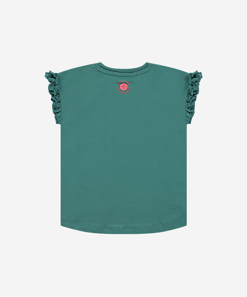 Details: This Ruffled T-Shirt in emerald green adds a touch of elegance to your everyday wardrobe. The short sleeves are accented with delicate ruffles, creating a feminine and stylish look. Made with high-quality fabric, this t-shirt offers both comfort and sophistication. Up to size 92, easy opening with 2 push buttons on the side of the collar. Round Neckline.   Color: Emerald  Composition: 95% BCI cotton/5% elasthan  