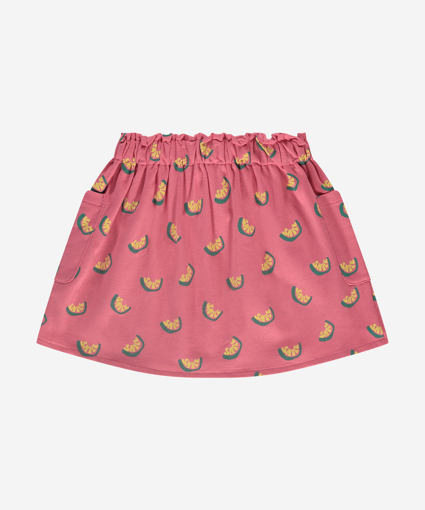 Details: Introducing the Sweat Skirt AOP Smile Bubblegum. Made of comfortable sweat material, this skirt features an all over print of smiles and an elastic waistband for the perfect fit. Plus, it has pockets for convenience. Comfort and style combined in one skirt.  Color: Bubblegum  Composition: 100% cotton 