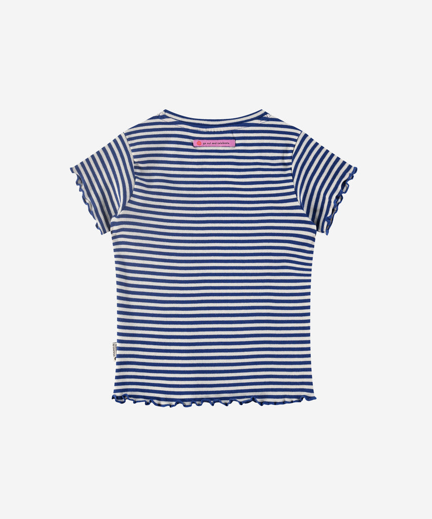 Details: Stay cool and stylish this summer with our Rib T-Shirt Stripe in Cobalt Blue. Featuring short sleeves and a round neckline, this t-shirt combines comfort and fashion effortlessly. The cobalt blue and white stripes add a touch of elegance to your everyday look. Up to size 92, easy opening with 2 push buttons on the side of the collar.   Color: Cobalt blue  Composition: 95% BCI cotton/ 5% elasthane  