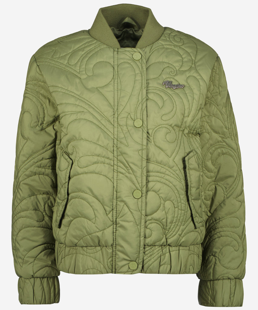 Details: Expertly crafted for the transitional weather, the Taliya Quilted Bomber Spring Jacket in Dark Olive features a sleek design with an elastic waistband and arm cuffs for a comfortable fit. Its quilted texture provides warmth while the pockets offer practicality. Stay stylish and cozy with this must-have jacket.  Color: Dark olive  Composition: 100% Polyester   