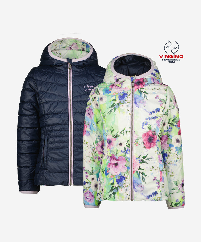 Details:  Stay dry and stylish in the Tijnja rev. Padded Spring Jacket. This hooded outdoor jacket features a versatile reversible design with a dark blue side and a floral all over print side. With a zip closure and two side pockets, it's perfect for any outdoor adventure. Plus, its water repellent material will keep you protected from the elements.  Color: Dark blue cream  Composition: 100% Polyester  